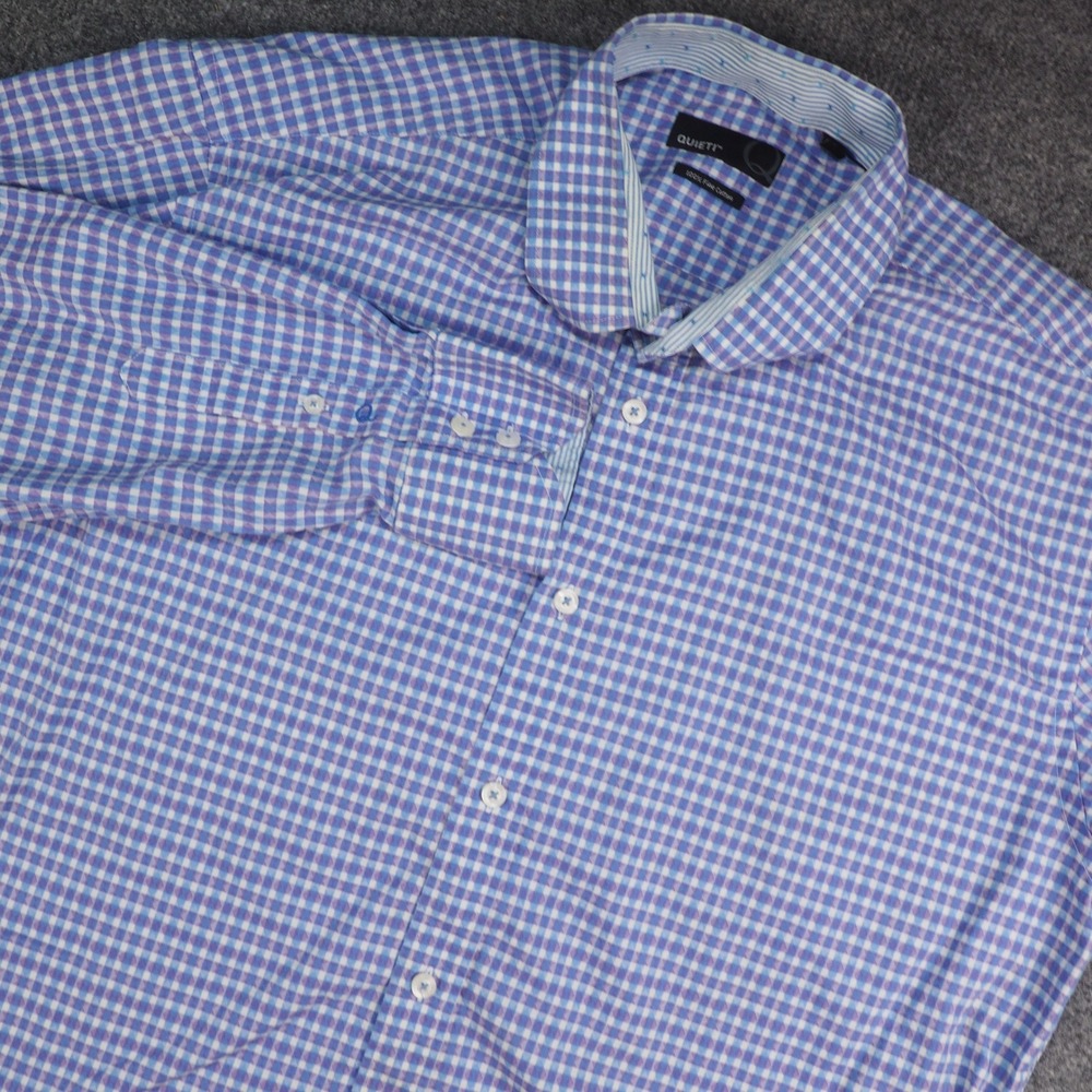 Quieti Button Down Shirt Mens XL Blue Purple Gingham Plaid 100% Cotton Preppy
